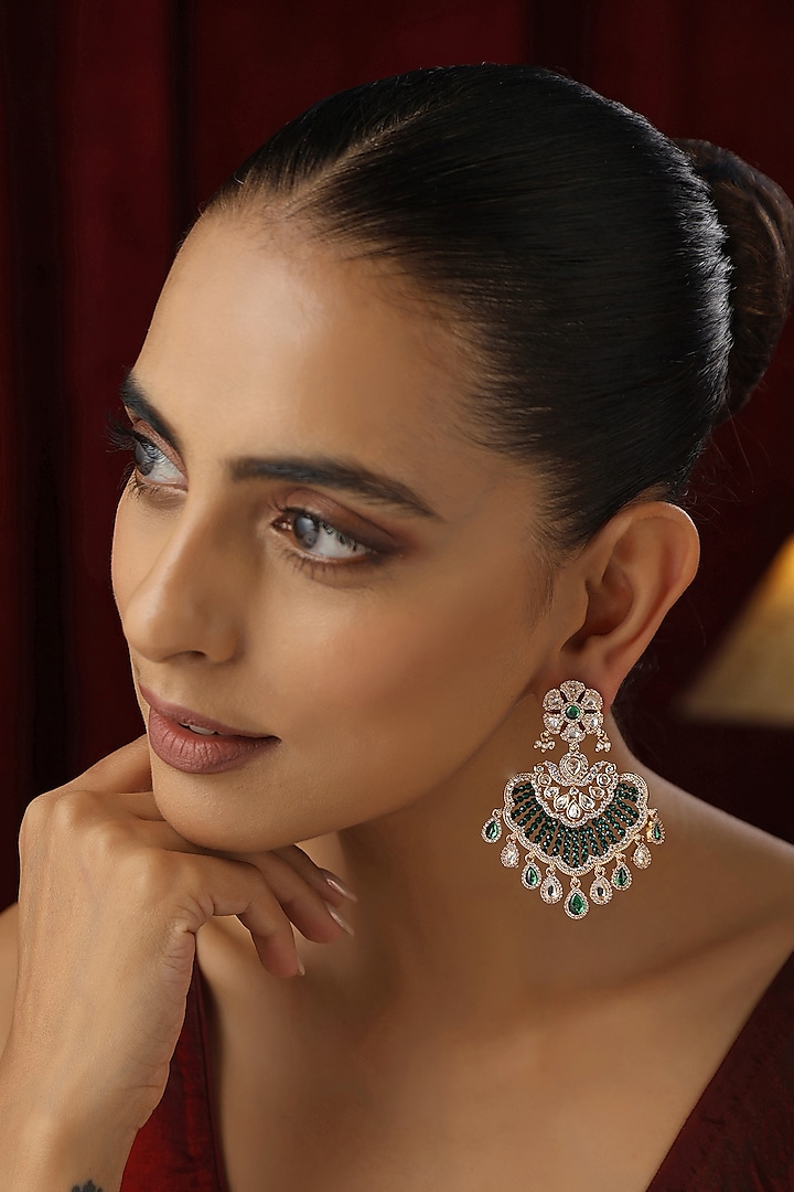 Rose Gold Finish Green Kundan Polki Handmade Chandbali Earrings by Swabhimann Jewellery at Pernia's Pop Up Shop