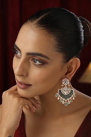 Rose Gold Finish Green Kundan Polki Handmade Chandbali Earrings by Swabhimann Jewellery