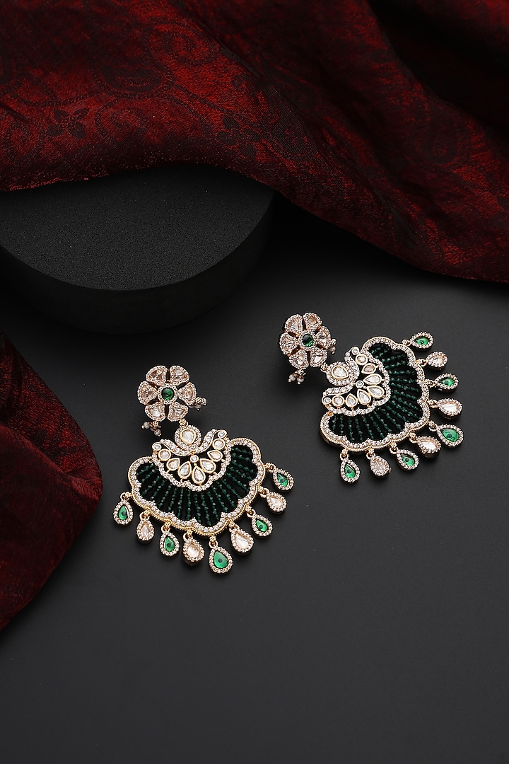 Rose Gold Finish Green Kundan Polki Handmade Chandbali Earrings by Swabhimann Jewellery at Pernia's Pop Up Shop