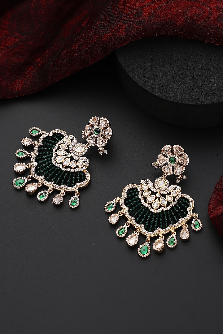 Rose Gold Finish Green Kundan Polki Handmade Chandbali Earrings by Swabhimann Jewellery at Pernia's Pop Up Shop