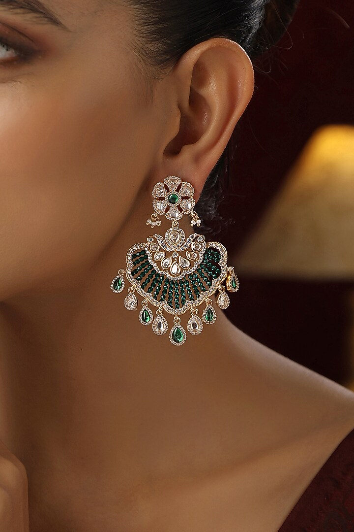 Rose Gold Finish Green Kundan Polki Handmade Chandbali Earrings by Swabhimann Jewellery at Pernia's Pop Up Shop