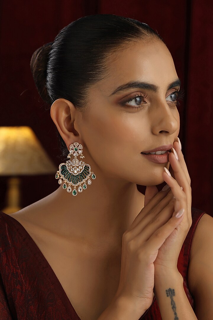 Rose Gold Finish Green Kundan Polki Handmade Chandbali Earrings by Swabhimann Jewellery at Pernia's Pop Up Shop