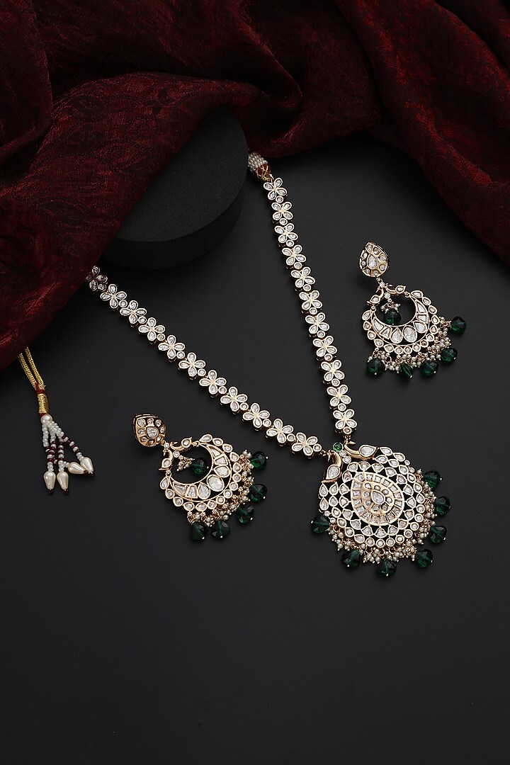 Rose Gold Finish Green Kundan Polki Handmade Long Necklace Set by Swabhimann Jewellery at Pernia's Pop Up Shop