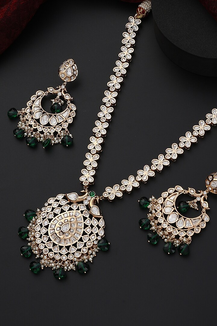 Rose Gold Finish Green Kundan Polki Handmade Long Necklace Set by Swabhimann Jewellery at Pernia's Pop Up Shop