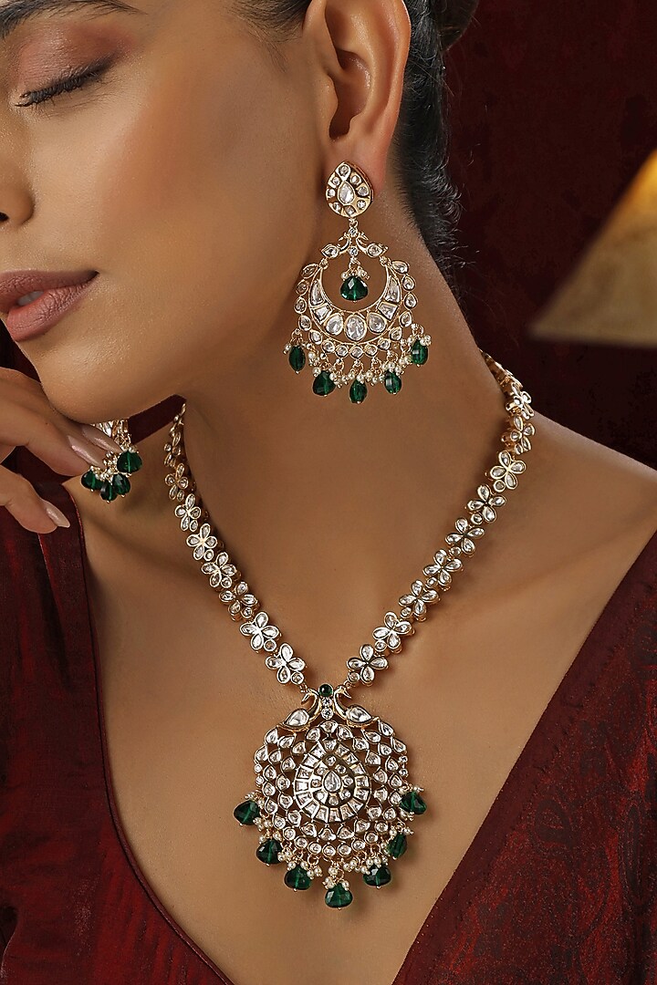Rose Gold Finish Green Kundan Polki Handmade Long Necklace Set by Swabhimann Jewellery at Pernia's Pop Up Shop