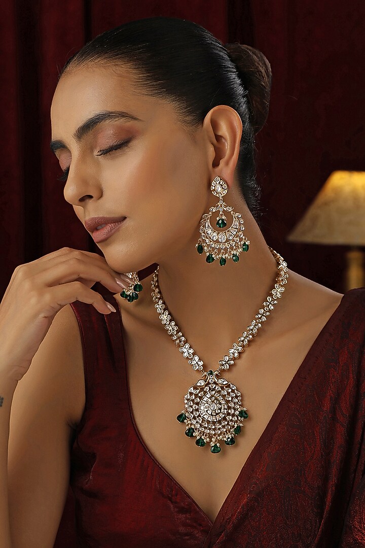 Rose Gold Finish Green Kundan Polki Handmade Long Necklace Set by Swabhimann Jewellery at Pernia's Pop Up Shop