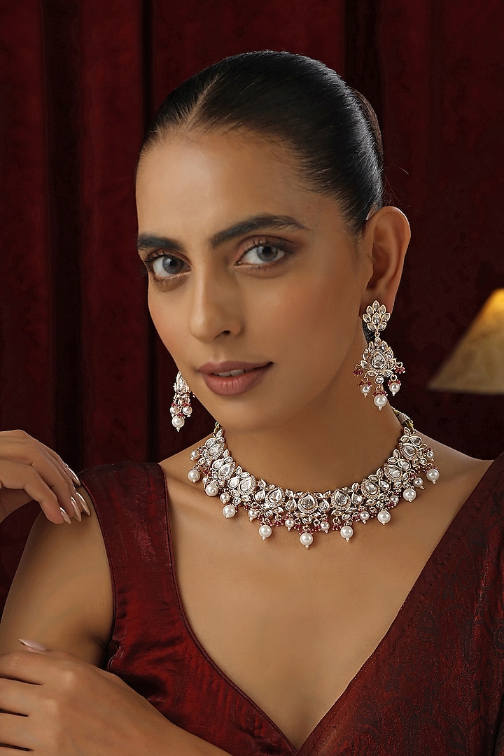 Rose Gold Finish Red Kundan Polki Handmade Choker Necklace Set by Swabhimann Jewellery