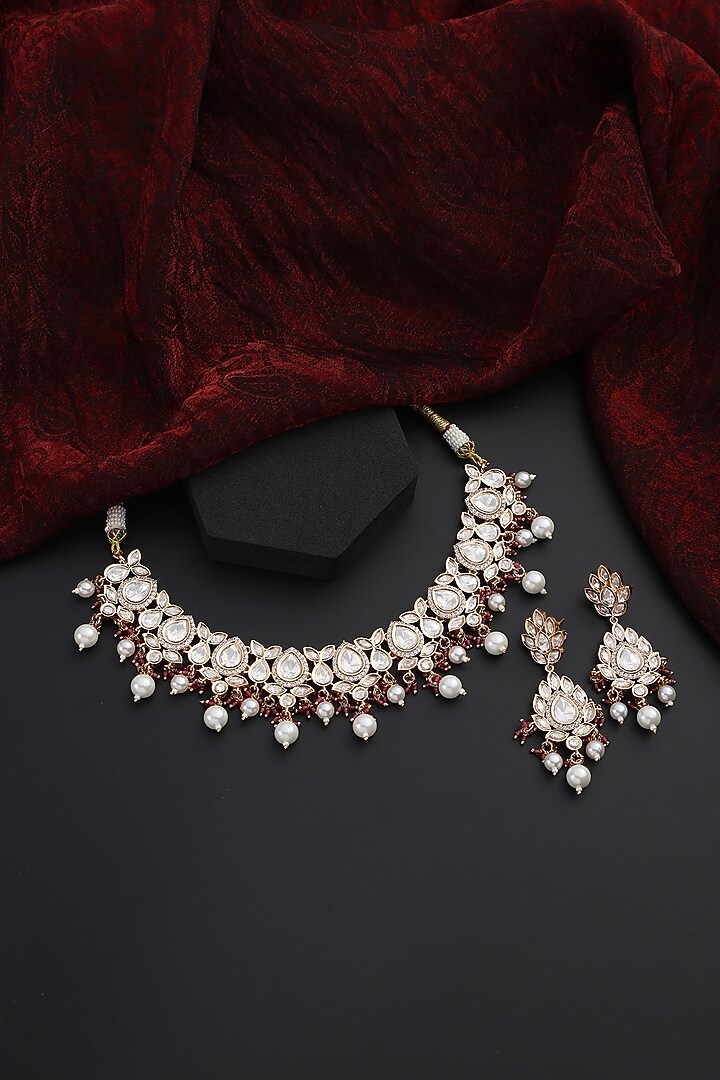 Rose Gold Finish Red Kundan Polki Handmade Choker Necklace Set by Swabhimann Jewellery at Pernia's Pop Up Shop