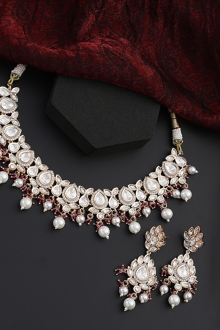 Rose Gold Finish Red Kundan Polki Handmade Choker Necklace Set by Swabhimann Jewellery at Pernia's Pop Up Shop