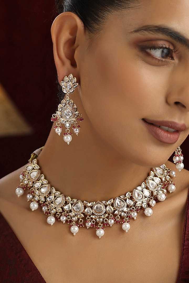 Rose Gold Finish Red Kundan Polki Handmade Choker Necklace Set by Swabhimann Jewellery at Pernia's Pop Up Shop