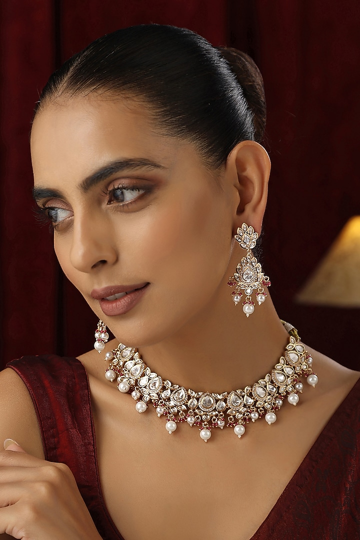 Rose Gold Finish Red Kundan Polki Handmade Choker Necklace Set by Swabhimann Jewellery at Pernia's Pop Up Shop