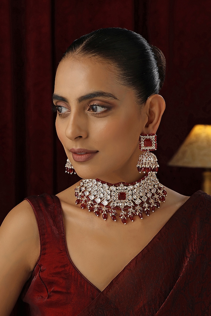 Rose Gold Finish Red Kundan Polki Handmade Choker Necklace Set by Swabhimann Jewellery