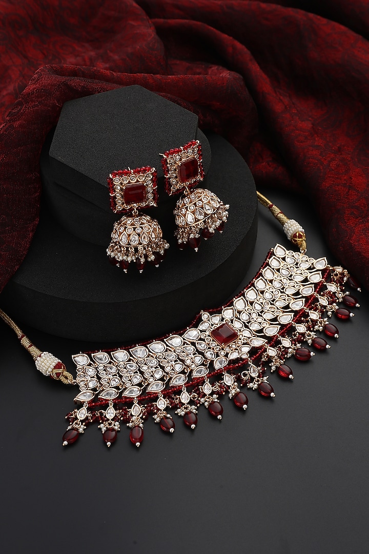 Rose Gold Finish Red Kundan Polki Handmade Choker Necklace Set by Swabhimann Jewellery at Pernia's Pop Up Shop
