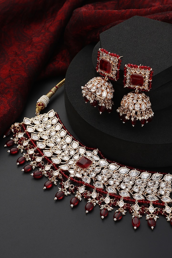 Rose Gold Finish Red Kundan Polki Handmade Choker Necklace Set by Swabhimann Jewellery at Pernia's Pop Up Shop