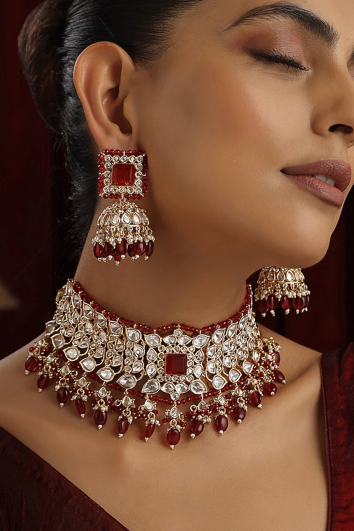 Rose Gold Finish Red Kundan Polki Handmade Choker Necklace Set by Swabhimann Jewellery at Pernia's Pop Up Shop