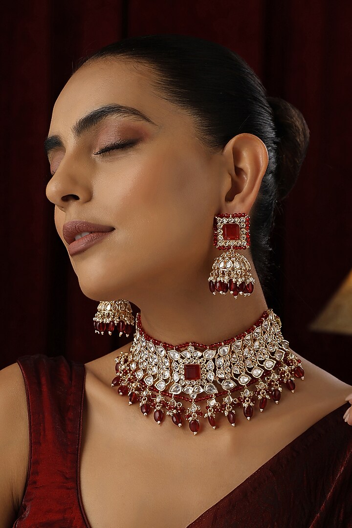 Rose Gold Finish Red Kundan Polki Handmade Choker Necklace Set by Swabhimann Jewellery at Pernia's Pop Up Shop