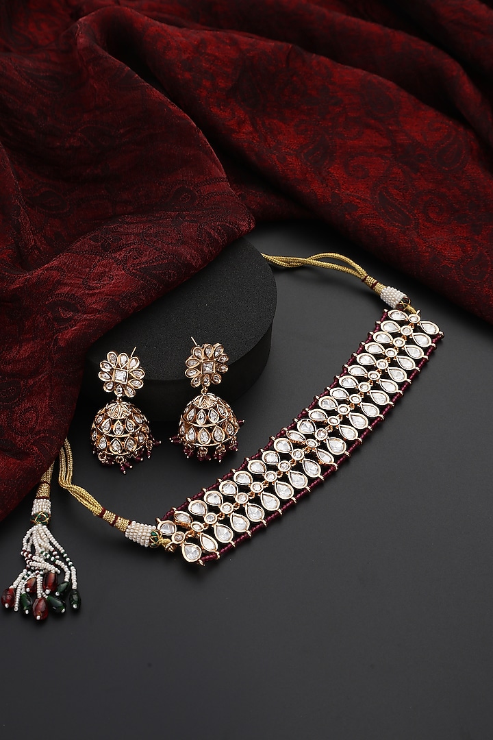 Rose Gold Finish Red Kundan Polki Handmade Choker Necklace Set by Swabhimann Jewellery at Pernia's Pop Up Shop