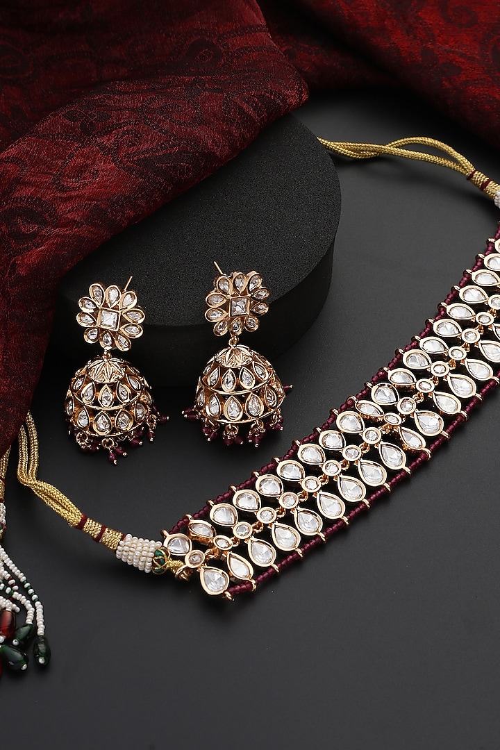 Rose Gold Finish Red Kundan Polki Handmade Choker Necklace Set by Swabhimann Jewellery at Pernia's Pop Up Shop