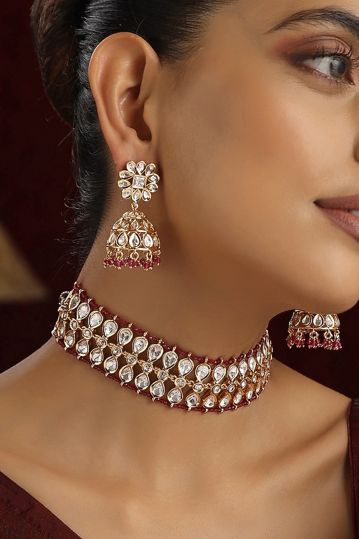 Rose Gold Finish Red Kundan Polki Handmade Choker Necklace Set by Swabhimann Jewellery at Pernia's Pop Up Shop