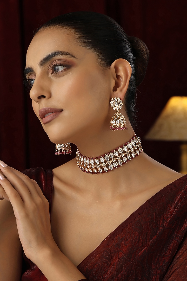 Rose Gold Finish Red Kundan Polki Handmade Choker Necklace Set by Swabhimann Jewellery at Pernia's Pop Up Shop