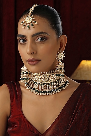 Gold Finish Green Kundan Polki Handmade Choker Necklace Set by swabhimann jewellery