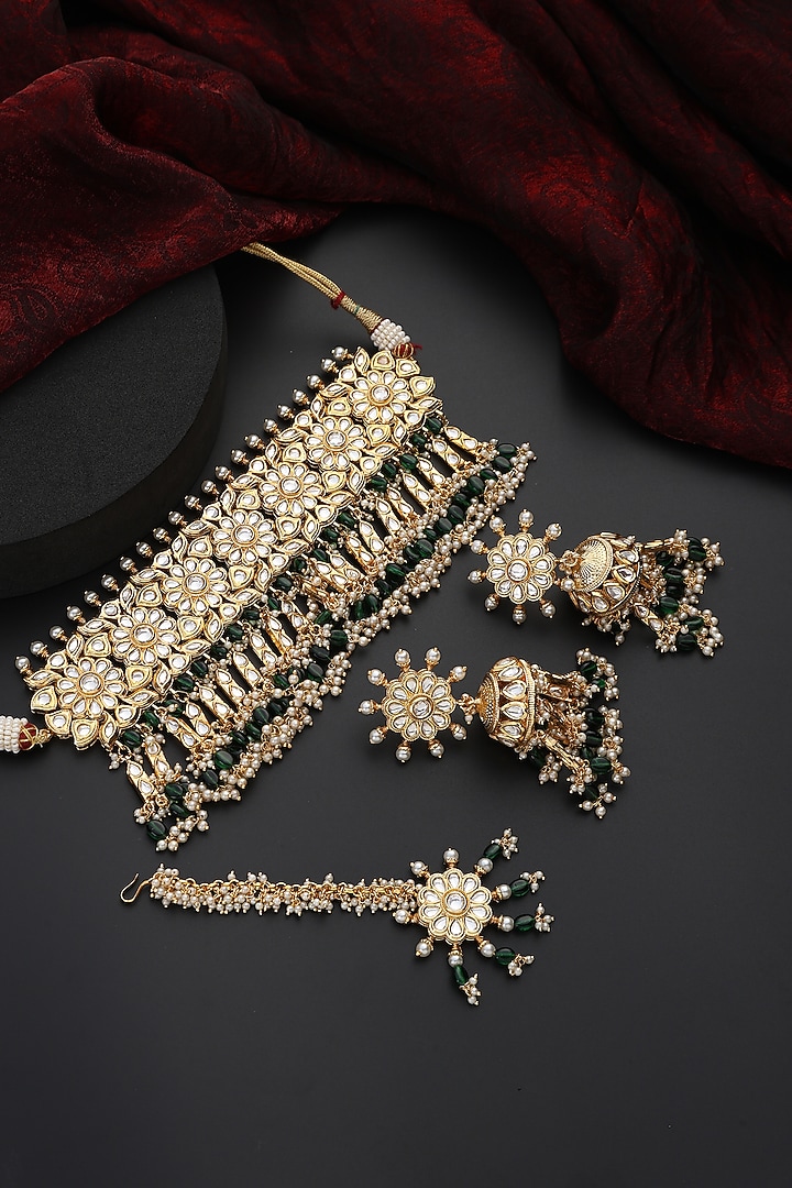 Gold Finish Green Kundan Polki Handmade Choker Necklace Set by Swabhimann Jewellery at Pernia's Pop Up Shop