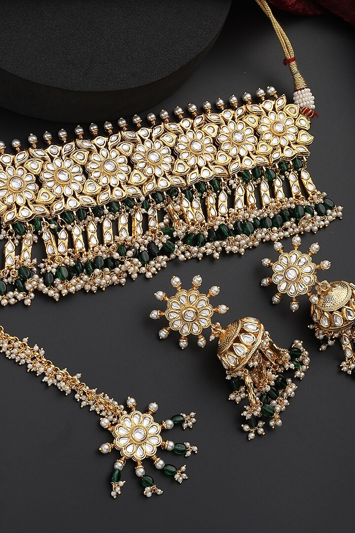 Gold Finish Green Kundan Polki Handmade Choker Necklace Set by Swabhimann Jewellery at Pernia's Pop Up Shop