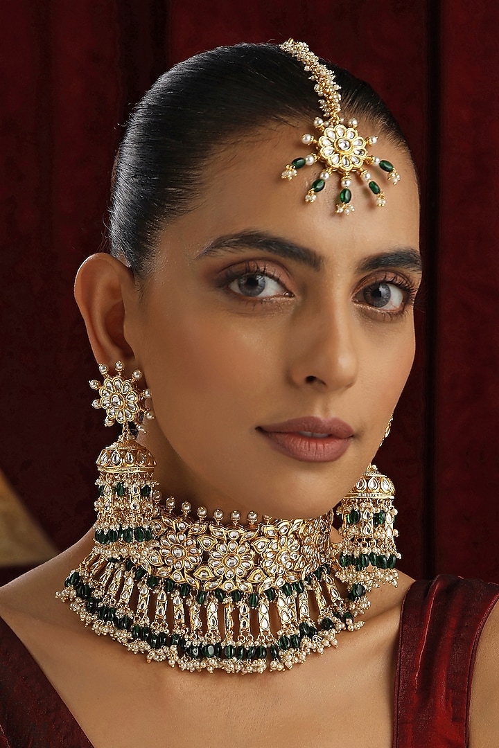 Gold Finish Green Kundan Polki Handmade Choker Necklace Set by Swabhimann Jewellery at Pernia's Pop Up Shop