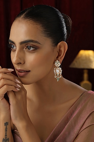 Rose Gold Finish Mint Kundan Polki Handmade Dangler Earrings by Swabhimann Jewellery