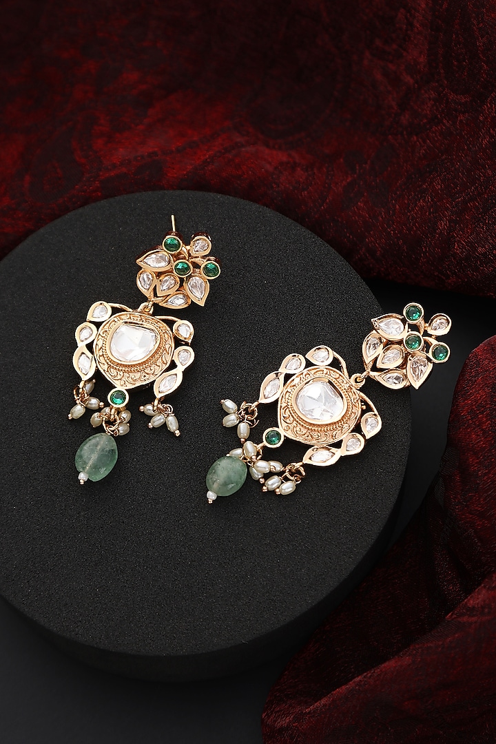 Rose Gold Finish Mint Kundan Polki Handmade Dangler Earrings by Swabhimann Jewellery at Pernia's Pop Up Shop