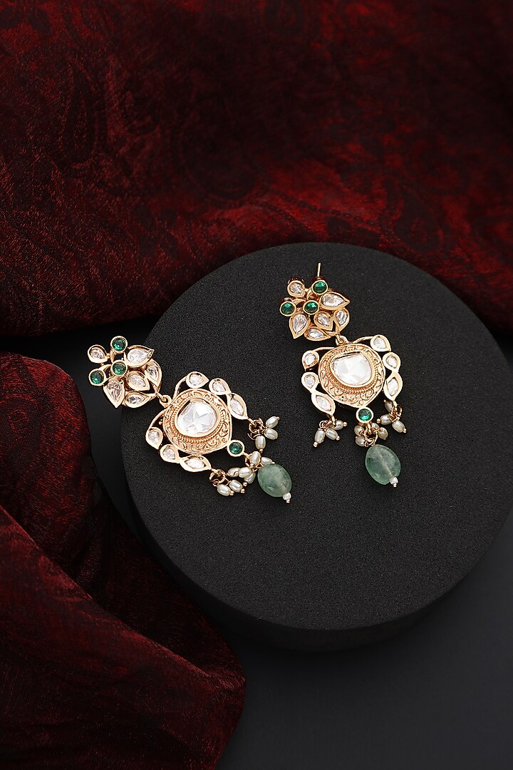 Rose Gold Finish Mint Kundan Polki Handmade Dangler Earrings by Swabhimann Jewellery at Pernia's Pop Up Shop