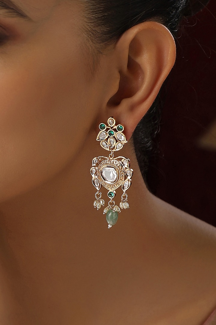 Rose Gold Finish Mint Kundan Polki Handmade Dangler Earrings by Swabhimann Jewellery at Pernia's Pop Up Shop