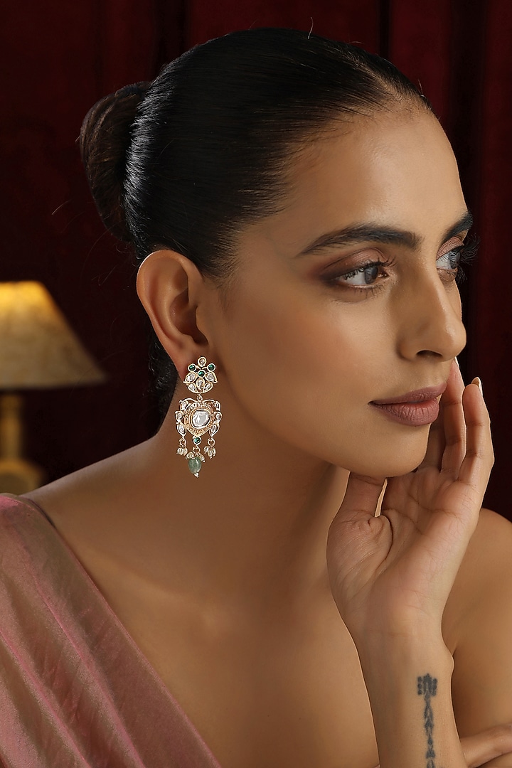 Rose Gold Finish Mint Kundan Polki Handmade Dangler Earrings by Swabhimann Jewellery at Pernia's Pop Up Shop