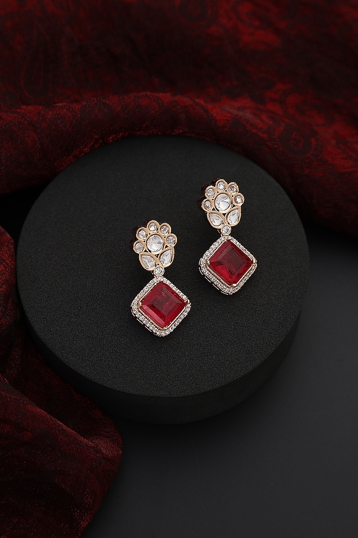 Rose Gold Finish Red Stone & Kundan Polki Handmade Stud Earrings by Swabhimann Jewellery at Pernia's Pop Up Shop