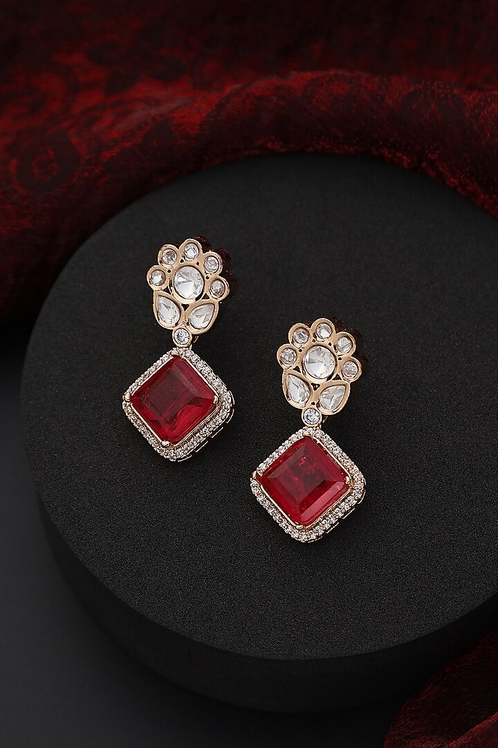 Rose Gold Finish Red Stone & Kundan Polki Handmade Stud Earrings by Swabhimann Jewellery at Pernia's Pop Up Shop