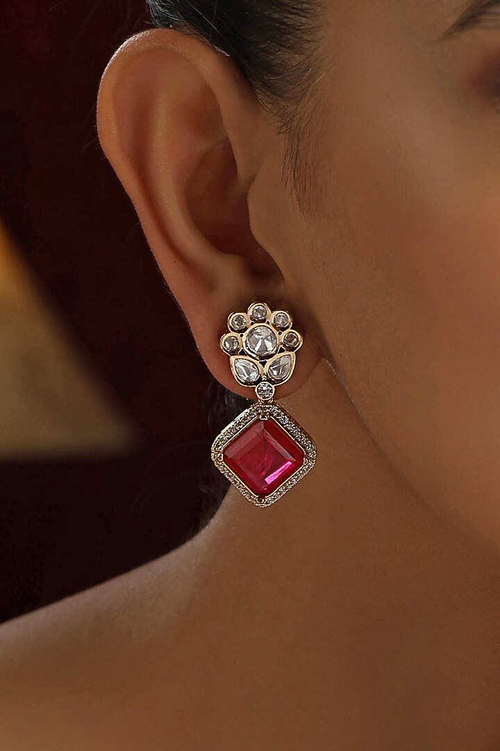 Rose Gold Finish Red Stone & Kundan Polki Handmade Stud Earrings by Swabhimann Jewellery at Pernia's Pop Up Shop