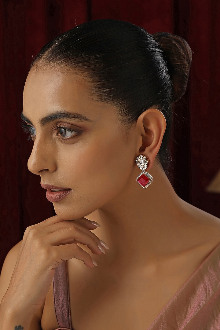 Rose Gold Finish Red Stone & Kundan Polki Handmade Stud Earrings by Swabhimann Jewellery at Pernia's Pop Up Shop