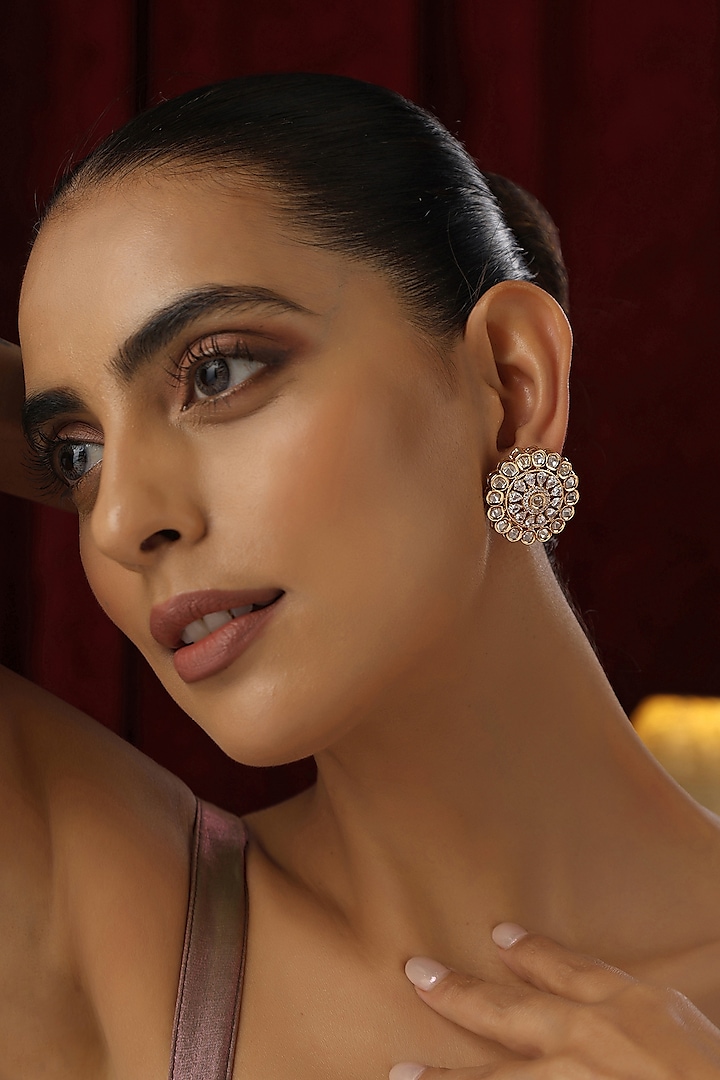 Rose Gold Finish Kundan Polki Handmade Stud Earrings by Swabhimann Jewellery at Pernia's Pop Up Shop