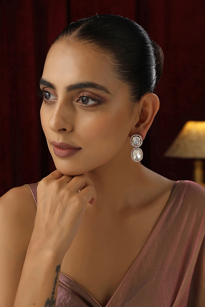 Rose Gold Finish Kundan Polki Handmade Stud Earrings by Swabhimann Jewellery at Pernia's Pop Up Shop