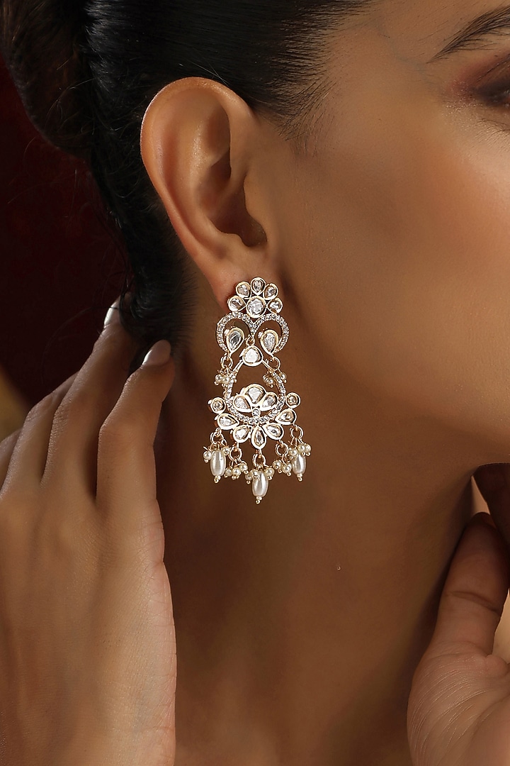 Gold Finish Kundan Polki Handmade Dangler Earrings by Swabhimann Jewellery at Pernia's Pop Up Shop