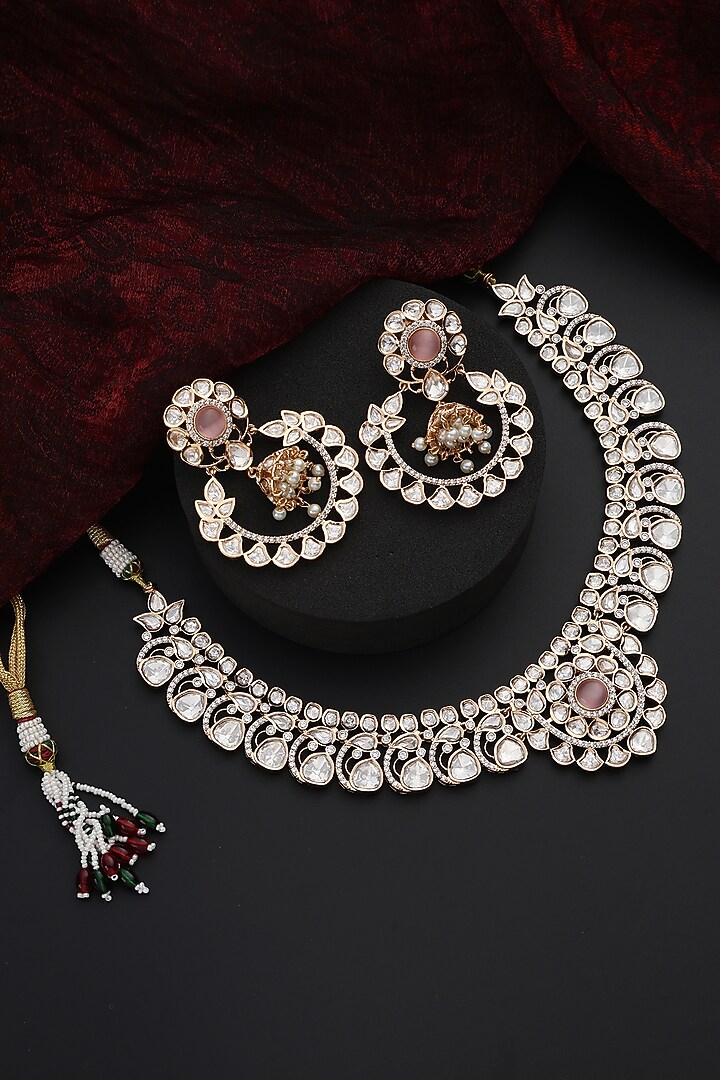 Rose Gold Finish Pink Kundan Polki Handmade Necklace Set by Swabhimann Jewellery at Pernia's Pop Up Shop
