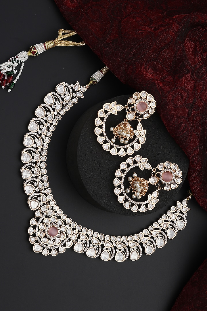 Rose Gold Finish Pink Kundan Polki Handmade Necklace Set by Swabhimann Jewellery at Pernia's Pop Up Shop