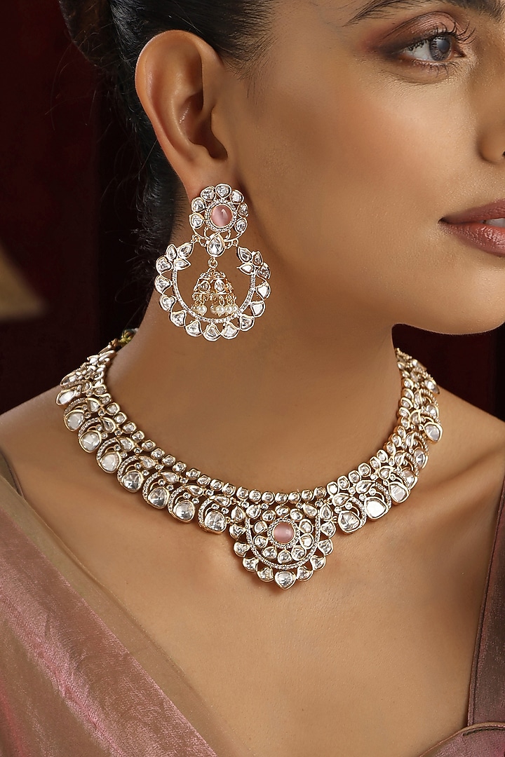 Rose Gold Finish Pink Kundan Polki Handmade Necklace Set by Swabhimann Jewellery at Pernia's Pop Up Shop