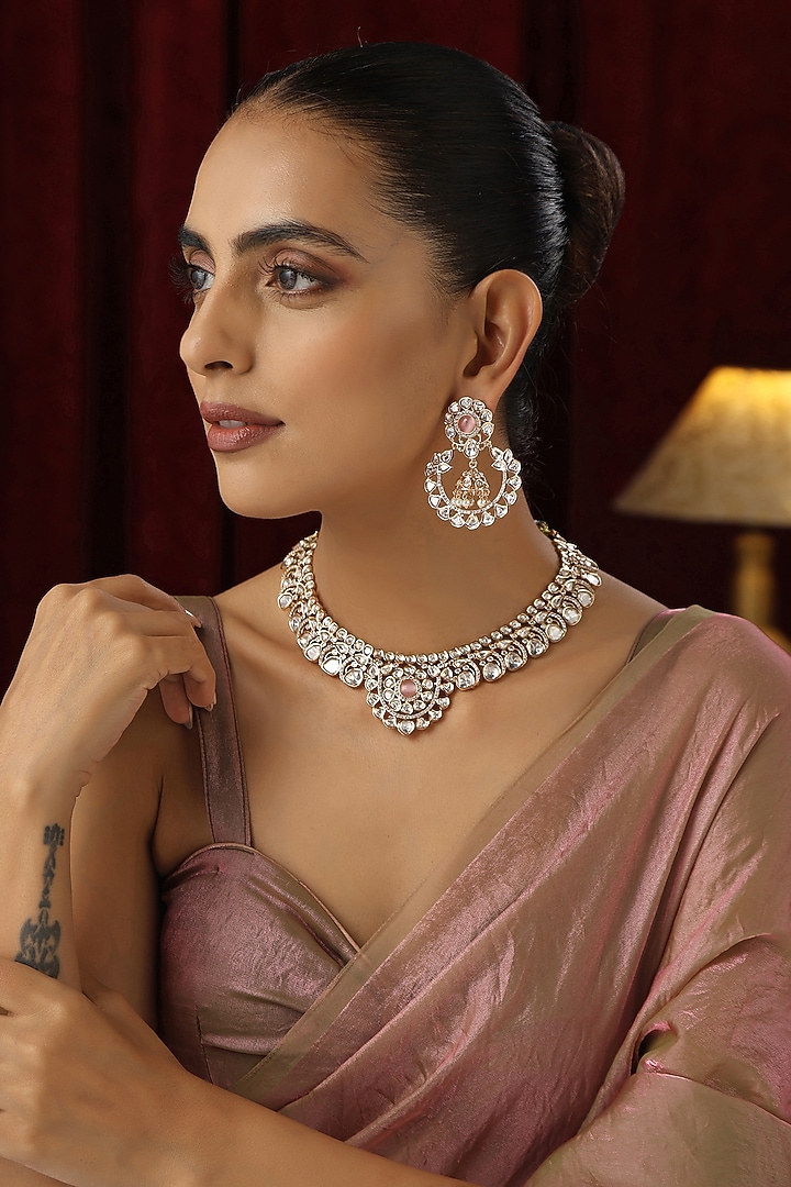 Rose Gold Finish Pink Kundan Polki Handmade Necklace Set by Swabhimann Jewellery at Pernia's Pop Up Shop