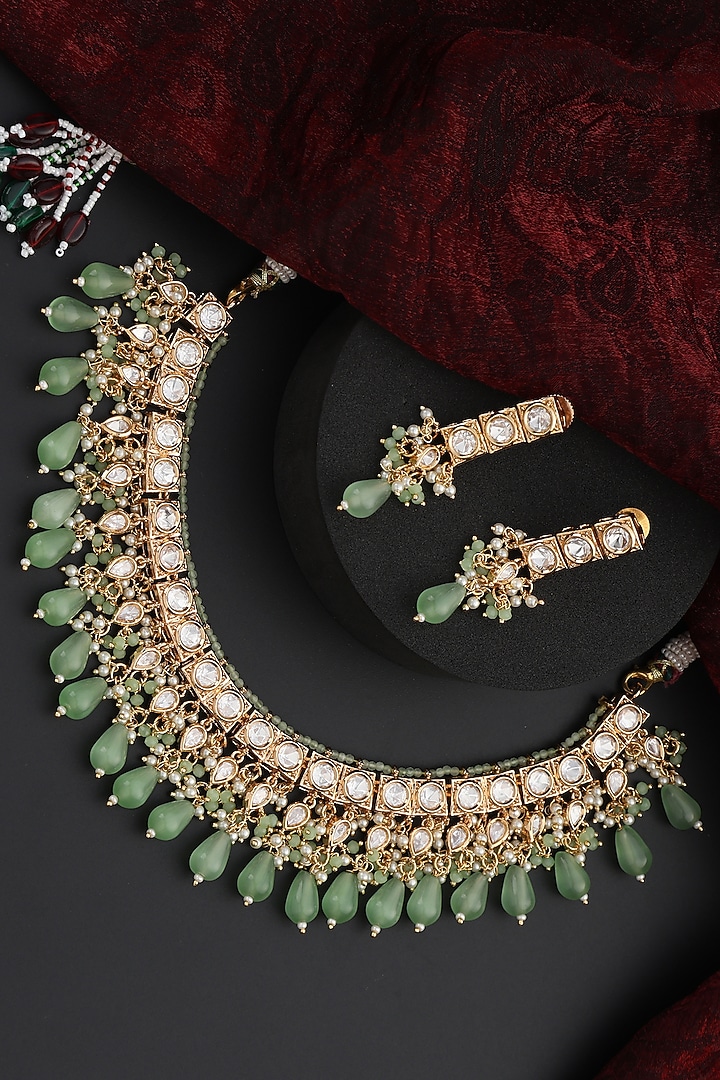 Gold Finish Green Kundan Polki Handmade Necklace Set by Swabhimann Jewellery at Pernia's Pop Up Shop