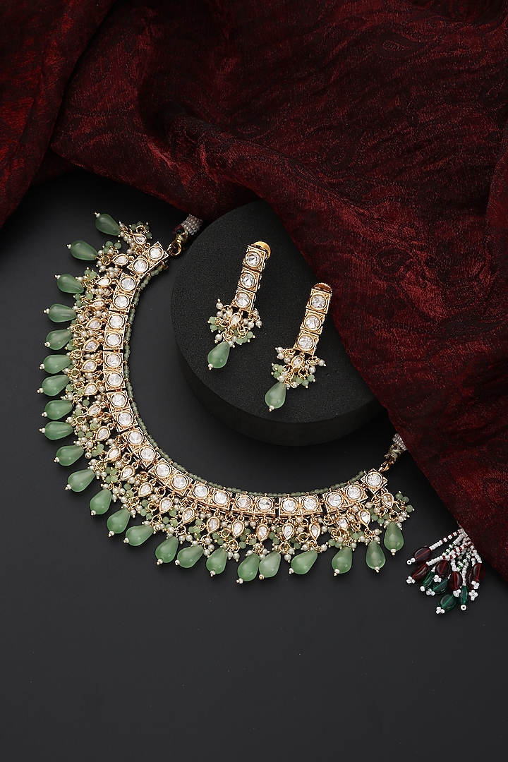 Gold Finish Green Kundan Polki Handmade Necklace Set by Swabhimann Jewellery at Pernia's Pop Up Shop