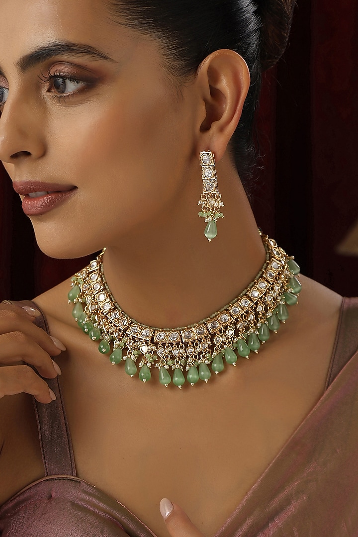 Gold Finish Green Kundan Polki Handmade Necklace Set by Swabhimann Jewellery at Pernia's Pop Up Shop