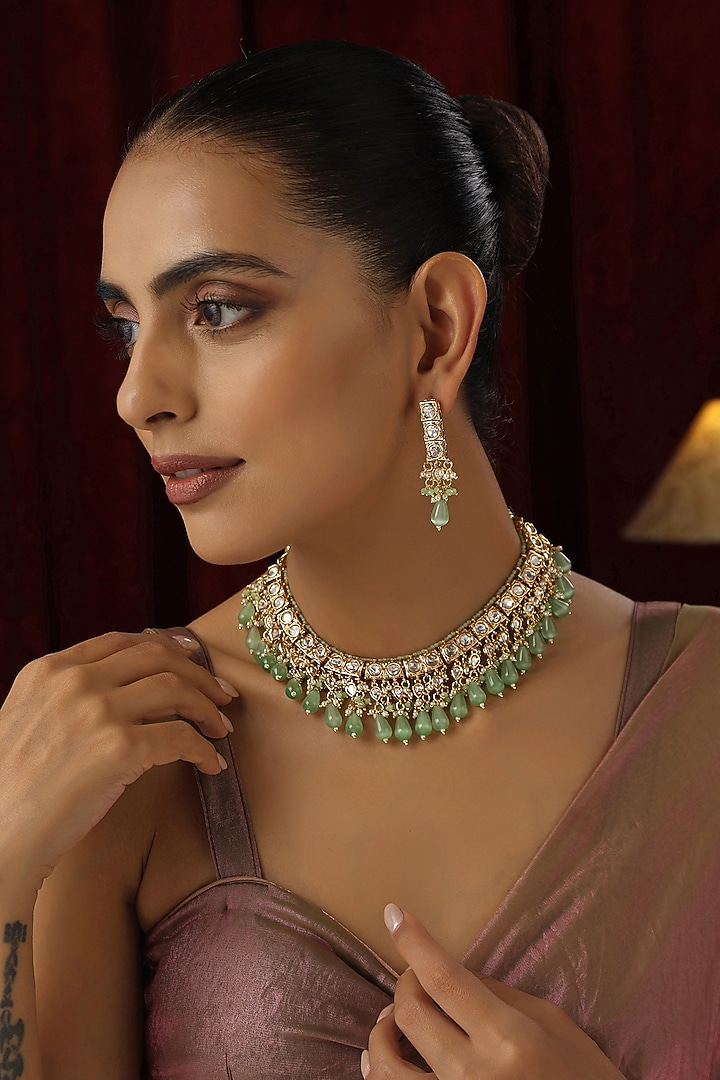 Gold Finish Green Kundan Polki Handmade Necklace Set by Swabhimann Jewellery at Pernia's Pop Up Shop