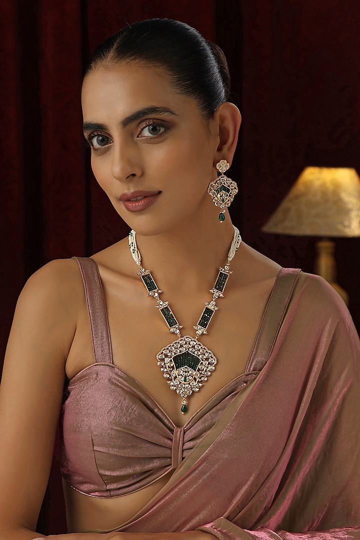 Rose Gold Finish Green Kundan Polki Handmade Pendant Necklace Set by Swabhimann Jewellery at Pernia's Pop Up Shop