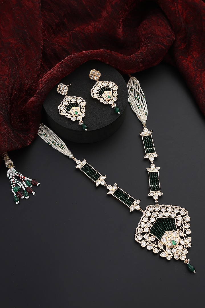 Rose Gold Finish Green Kundan Polki Handmade Pendant Necklace Set by Swabhimann Jewellery at Pernia's Pop Up Shop